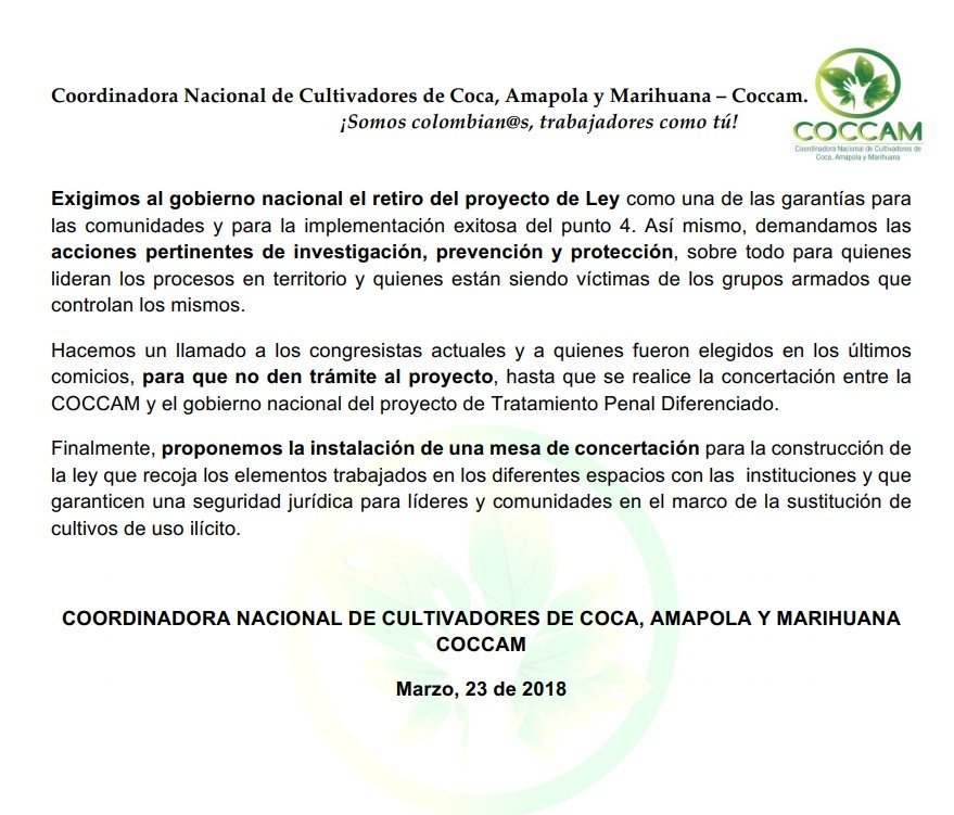 NOS JUDICIALIZAN Y NOS ASESINAN, LA POLITICA DE SUSTITUCION DE CULTIVOSProyecto de Ley de Tratamiento Penal Diferenciado para Pequeños Cultivadores presentado 
por gobierno, sepultará definitivamente el Programa Nacional de Sustitucion de Cultivos PNIS.
