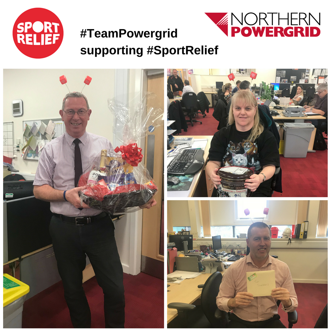 Northpowergrid's tweet photo. #TeamPowergrid winners of the day at our Castleford office! Raffle winners, Diane and Geoff with their prizes and our top stepper Steve who has done an amazing 236,549 steps for Billion Step Challenge. NPg League has already done 1,723,566 steps in total #SportRelief #TopStepper https://t.co/nFDKV4sBqp