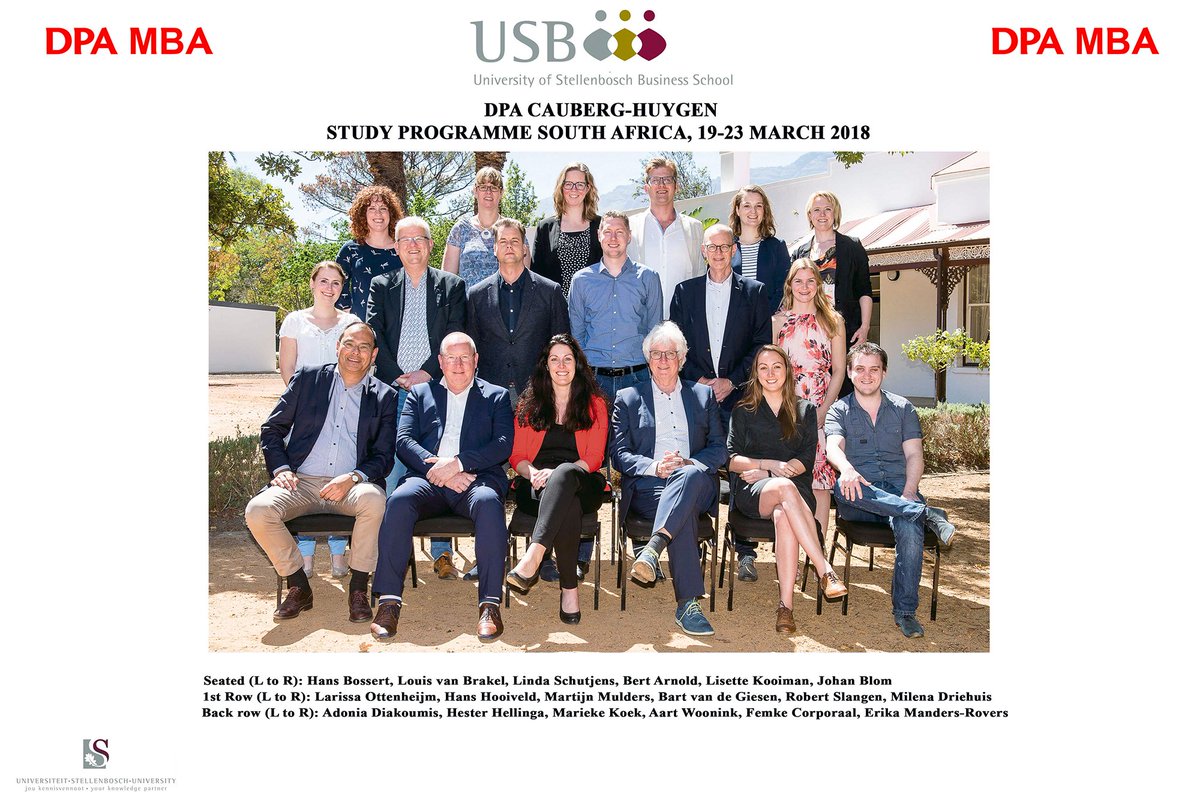 Cauberg_Huygen's tweet photo. De 1e lichting heeft de DPA MBA met goed gevolg afgerond. Gefeliciteerd met deze prestatie! De eindpresentaties vonden vandaag plaats aan de University of Stellenbosch in Zuid-Afrika. https://t.co/zIRQ4K7rDl