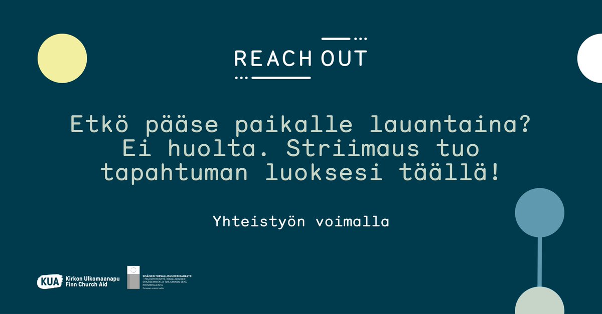 Jos syystä tai toisesta #Sanomatalo ei osu lauantaina matkasi varrelle, kutsumme sinut #ReachOutSuomi -tapahtumaan täällä Twitterissä! Olet tervetullut mukaan, missä ikinä oletkin! #NewGen #PowerofTechnology #LiveStream #Helsinki #StrengthinCooperation #Yhteistyönvoimalla