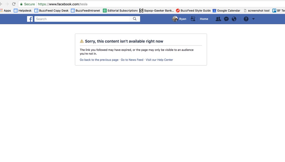 Screenshot of deleted Tesla Facebook page