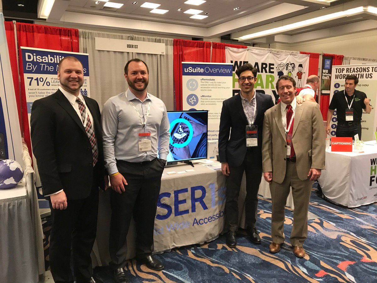 User1st's tweet image. Tom, Ryan, Neil and Shawn have been having a great time at #CSUNATC18! Did you stop by booth 117? What did you think? We&apos;ve learned a lot and enjoyed meeting so many diverse people and seeing familiar faces. Till next year! #CSUN2018 #WebAccessibilty #inclusion #WCAG #a11y