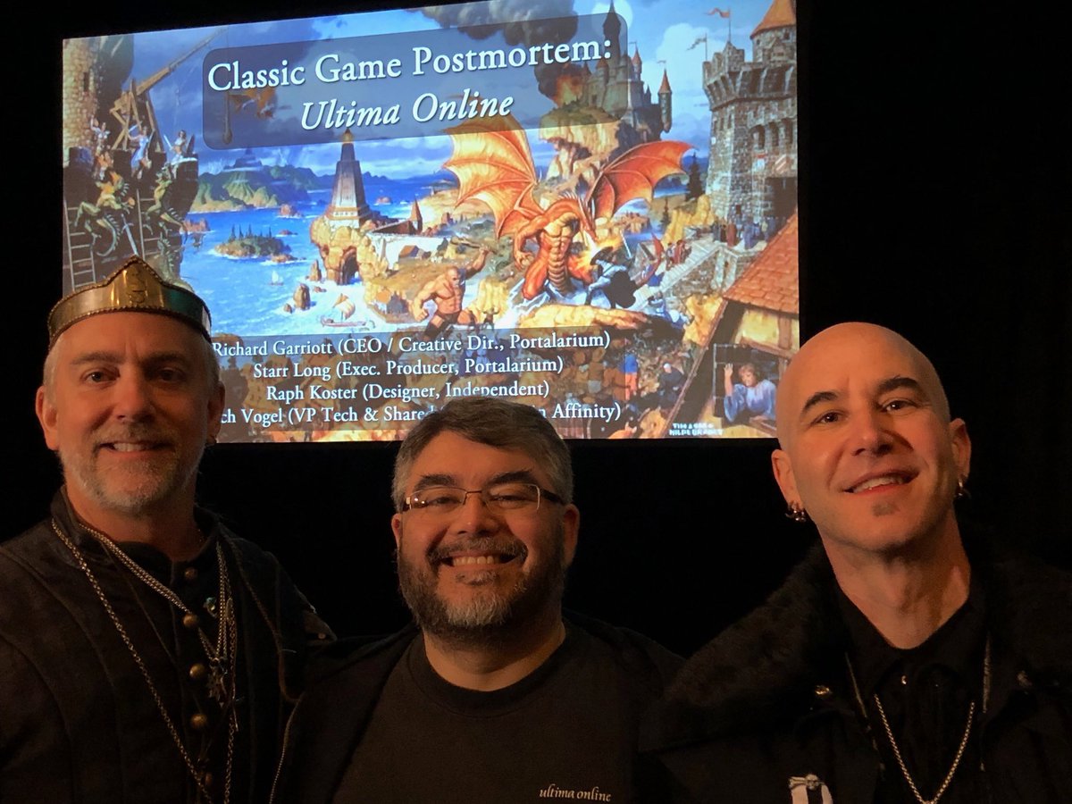 Ultima Online at 20 years! Postmortem begins in 45 minutes! If your at #gdc18 come to room 2001 in the west  Hall! <a href="/starr_long/">Starr Long</a> <a href="/richvogel/">Richard Vogel</a> <a href="/raphkoster/">Raph Koster</a> <a href="/Portalarium/">Portalarium</a> <a href="/ShroudofAvatar/">Shroud of the Avatar</a>