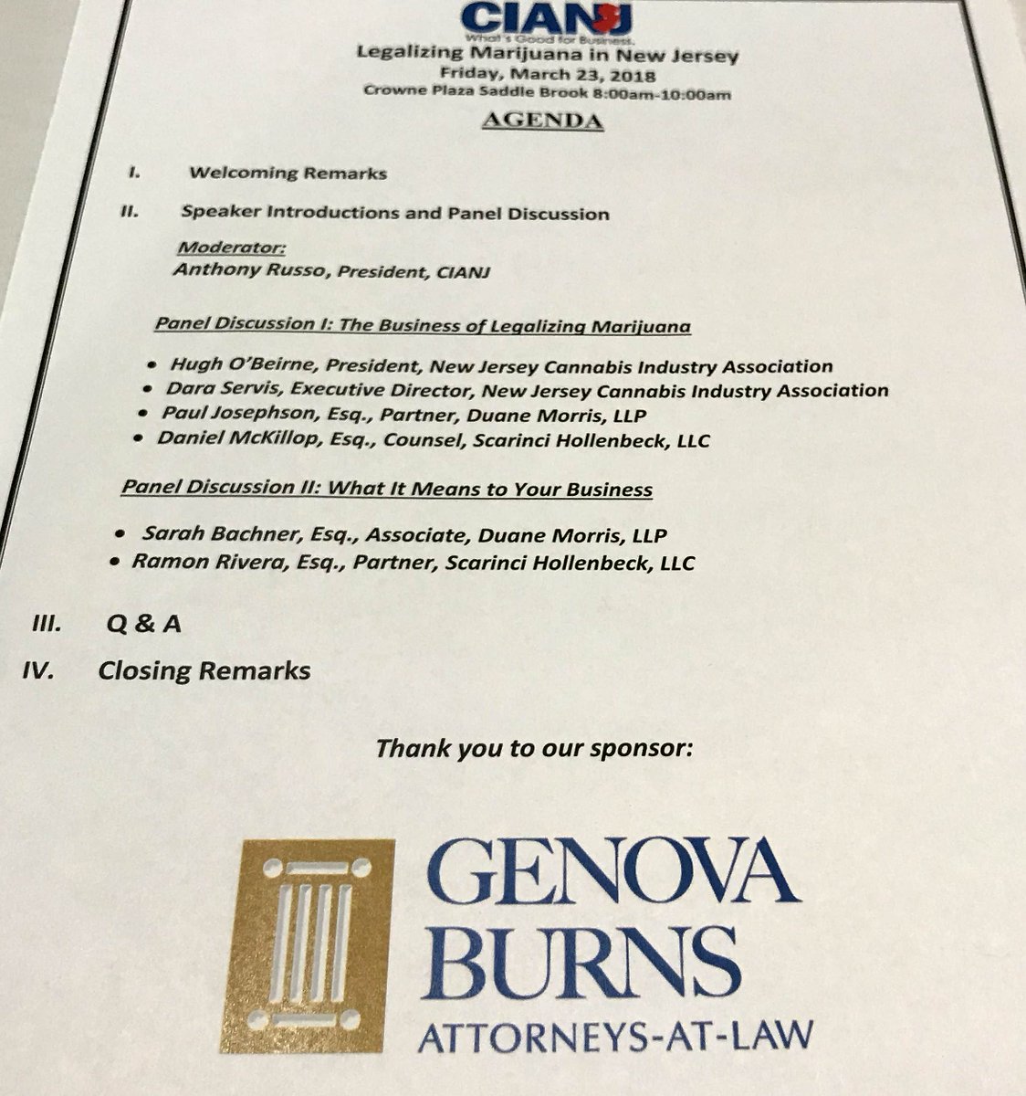 #GenovaBurns is proud to have sponsored <a href="/CommerceNJ/">CIANJ</a>'s #Legalizing #Marijuana in NJ seminar this morning - the business of #legalization &amp; what it means for your business - Firm #Cannabis Group Chair Michael McQueeny presented closing remarks