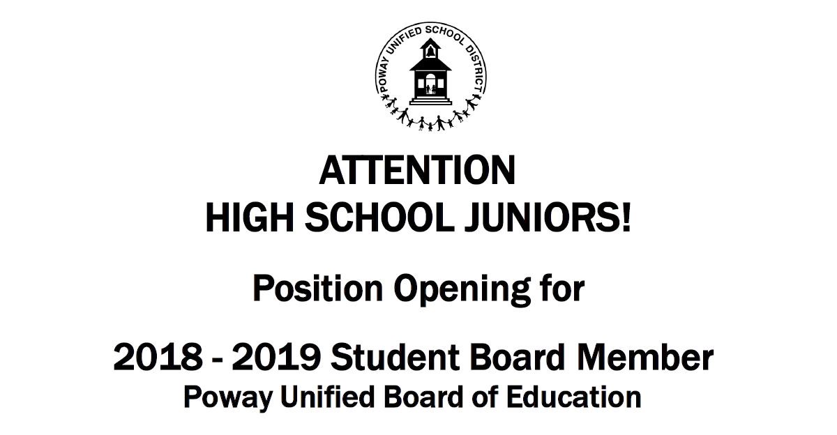 PowayUnified's tweet image. Do you know a high school junior who is a leader, interested in representing student voice, and learning about government? Now accepting applications for the 2018-19 #PowayUnified Student Board Member. Go to this link for more information and to apply: powayusd.com/en-US/Board/St…