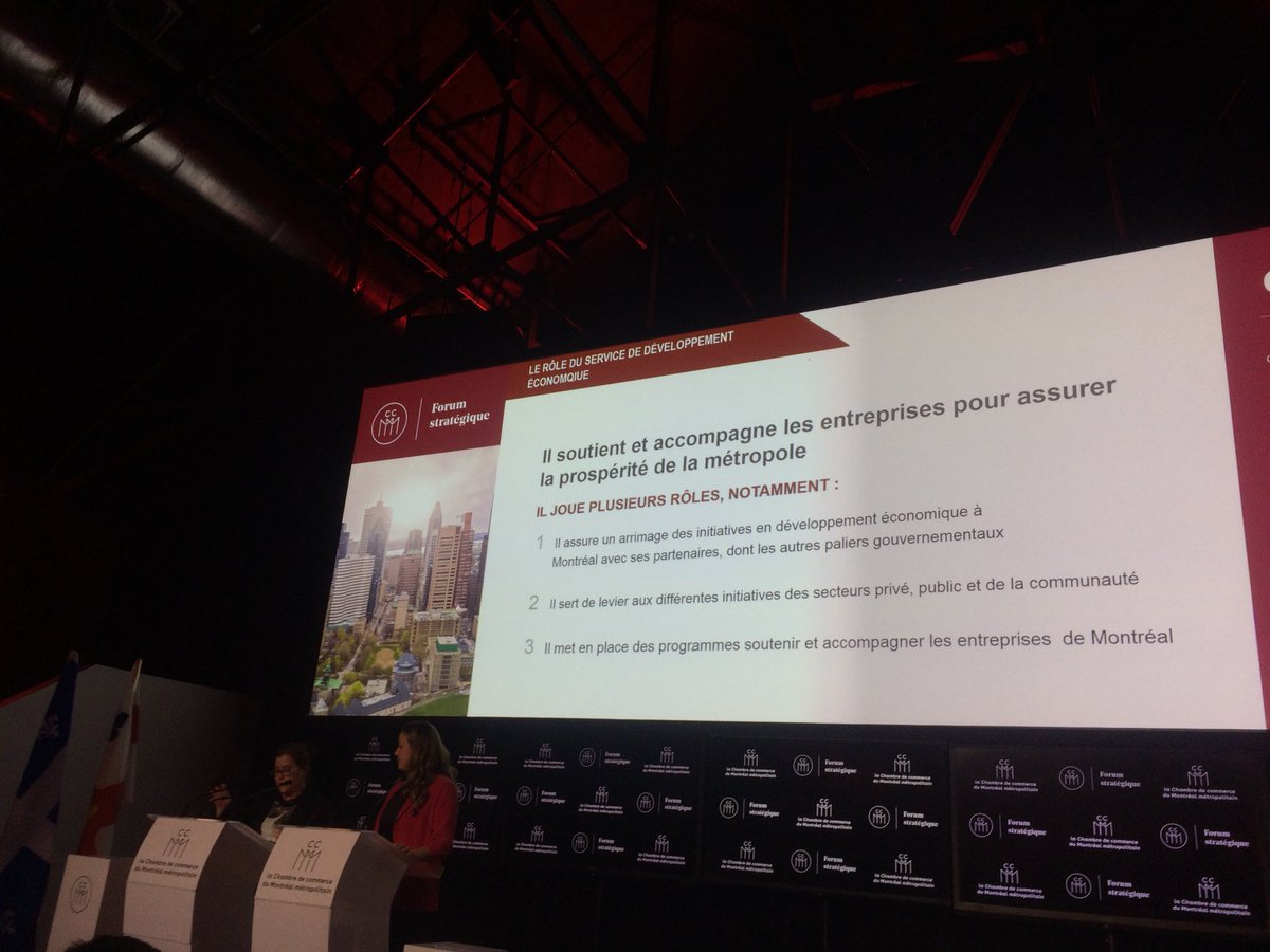 Dans quelques semaines <a href="/MTL_Ville/">Ville de Montréal</a> dévoilera sa stratégie de développement économique 2018-2022 et tous les plans d’action qui en découleront, annonce <a href="/vero_doucet/">Véronique Doucet</a> au #ForumCCMM. À surveiller ! 
#polmtl #CCMM #économie