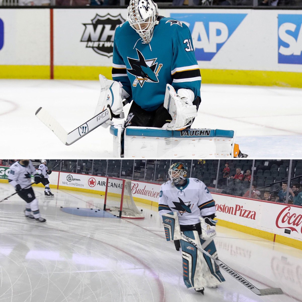 GoalieGearNerd's tweet photo. The growth of the @WarriorHockey R/CR1 stick at the NHL level continues as @Condibear1 is seen testing one today. There are 4 teams in the NHL that have two of their goalies using the CR1. #GGNWarrior https://t.co/3xzQEK7ThJ