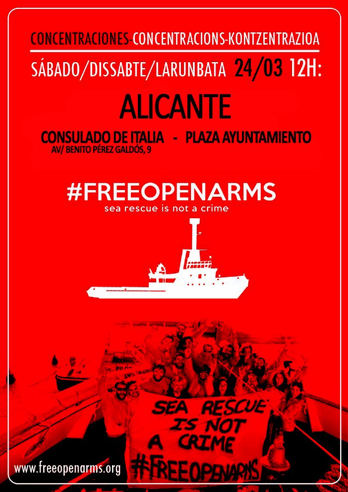 joacedo's tweet photo. Unios a la manifestación en apoyo a @openarms_fund en cualquier ciudad. Nosotros mañana nos unimos en Alicante a las 12:00 en el Consulado de Italia y haremos un recorrido hasta el @alicanteayto Comparte!!!
#searescueisnotacrime #FreeOpenArms #Mediterraneo #OpenArms https://t.co/9LlJjakRYD
