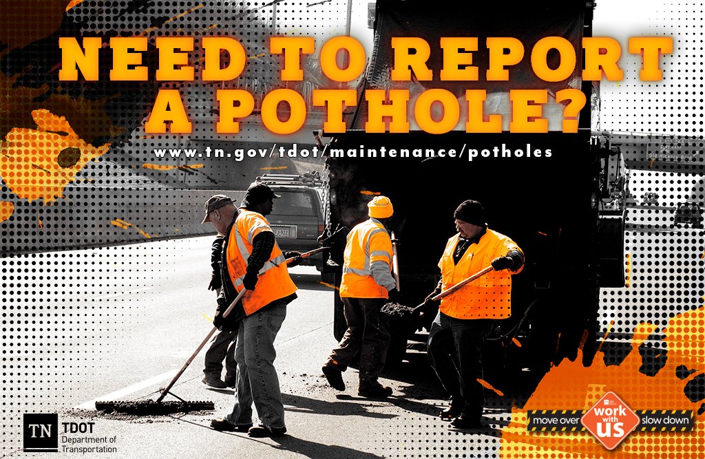 myTDOT's tweet photo. See a pothole on a state route or interstate? Report it at https://t.co/QW3TUxWZeS. #Potholes #PotholeSeason #Spring #PotholePatching #Transportation https://t.co/qvhboUUds3