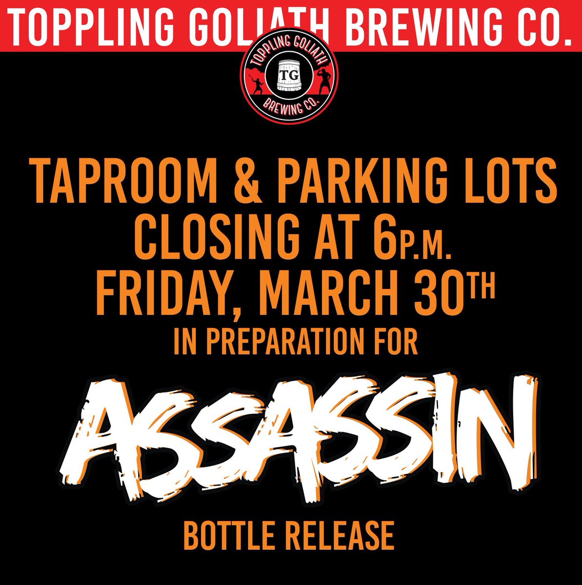 TGBrews's tweet photo. We will be setting up for the big event starting at 6 p.m. Friday, March 30th so our taproom and parking lots will be closed to the public. #assassin2018 https://t.co/aJqCJU29BH