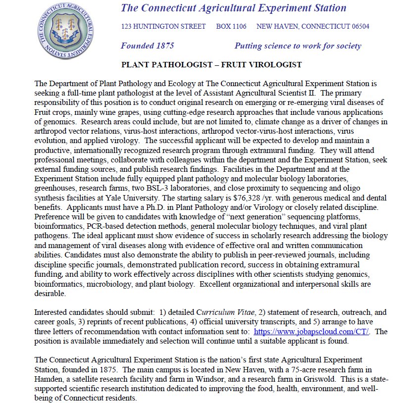 Please RT: CAES is hiring a plant virologist to work on fruit! If you like to do research, this is a permanent, non-tenure track position with very low administrative/committee/teaching load. And a very supportive place to work! Apply at jobapscloud.com/CT/sup/bulprev…