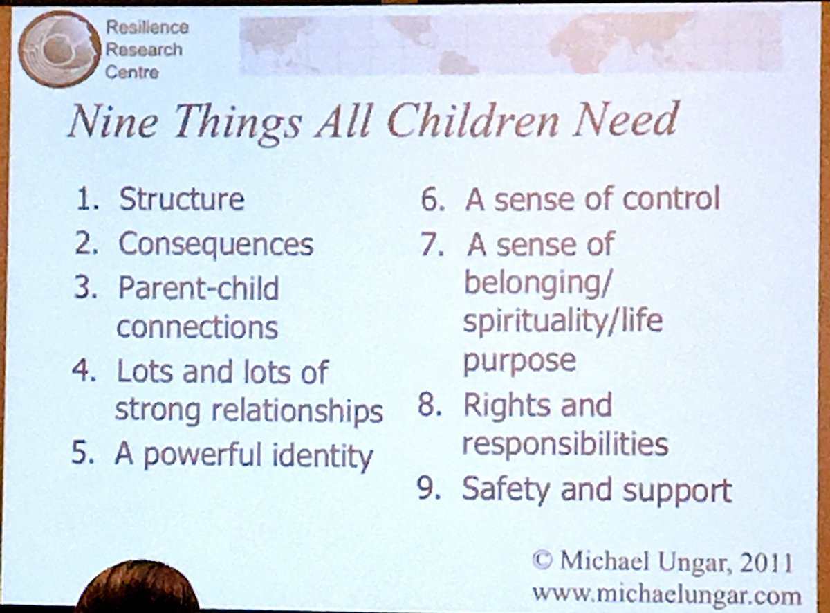 sharon83's tweet photo. How are kids getting these 9 things? If they’re not getting them, can we give them in a different way. Great session with @MichaelUngarPhD #acsw2018 https://t.co/lwatjaFfaW