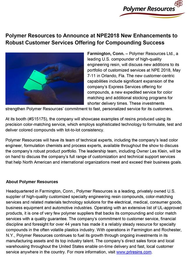 PolymerRes's tweet image. PRL to Announce at NPE2018 New Enhancements to
Robust Customer Services Offering. At its booth (#S15175), the company will showcase example resins produced using precision color-matching services and will have its team of technical experts. Free Reg: bit.ly/PRL_NPE2018