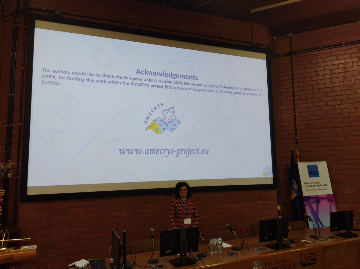 AMECRYSProject's tweet photo. @EU_H2020 @fet_eu  @AMECRYSProject results presented by CNR-ITM Researcher Teresa Poerio at the Conference PDFA, Polymers: Design, Function and Application, Barcelona, Spain, March 21-23, 2018. https://t.co/Hp4ekqgAps