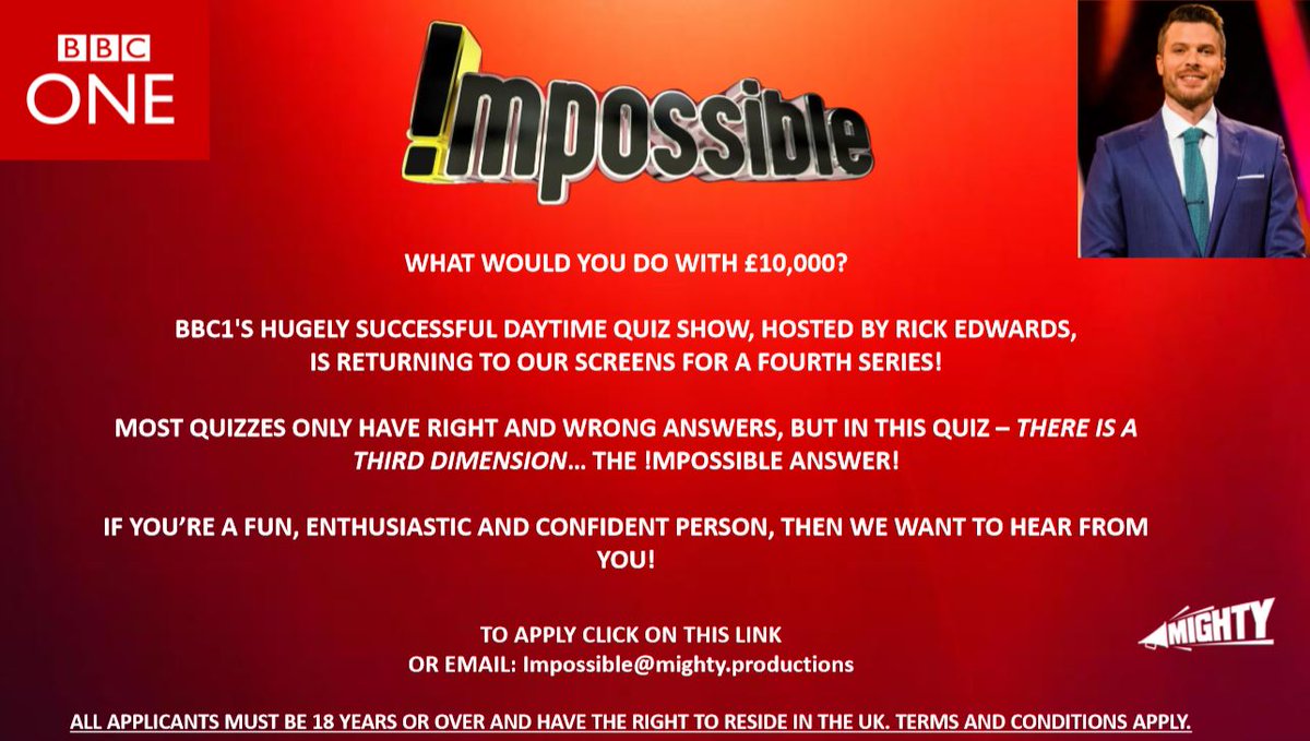 SachaCasting's tweet photo. BBC1's day time Quiz show '!mpossible' is currently casting for its 4th series and the Casting team want to hear from YOU. If you would like the chance to win £10,000, apply now! See the link below to request an application.
https://t.co/rUBi1GHsWR     Pls RT  @NIScreen https://t.co/uiZBsyoLMz