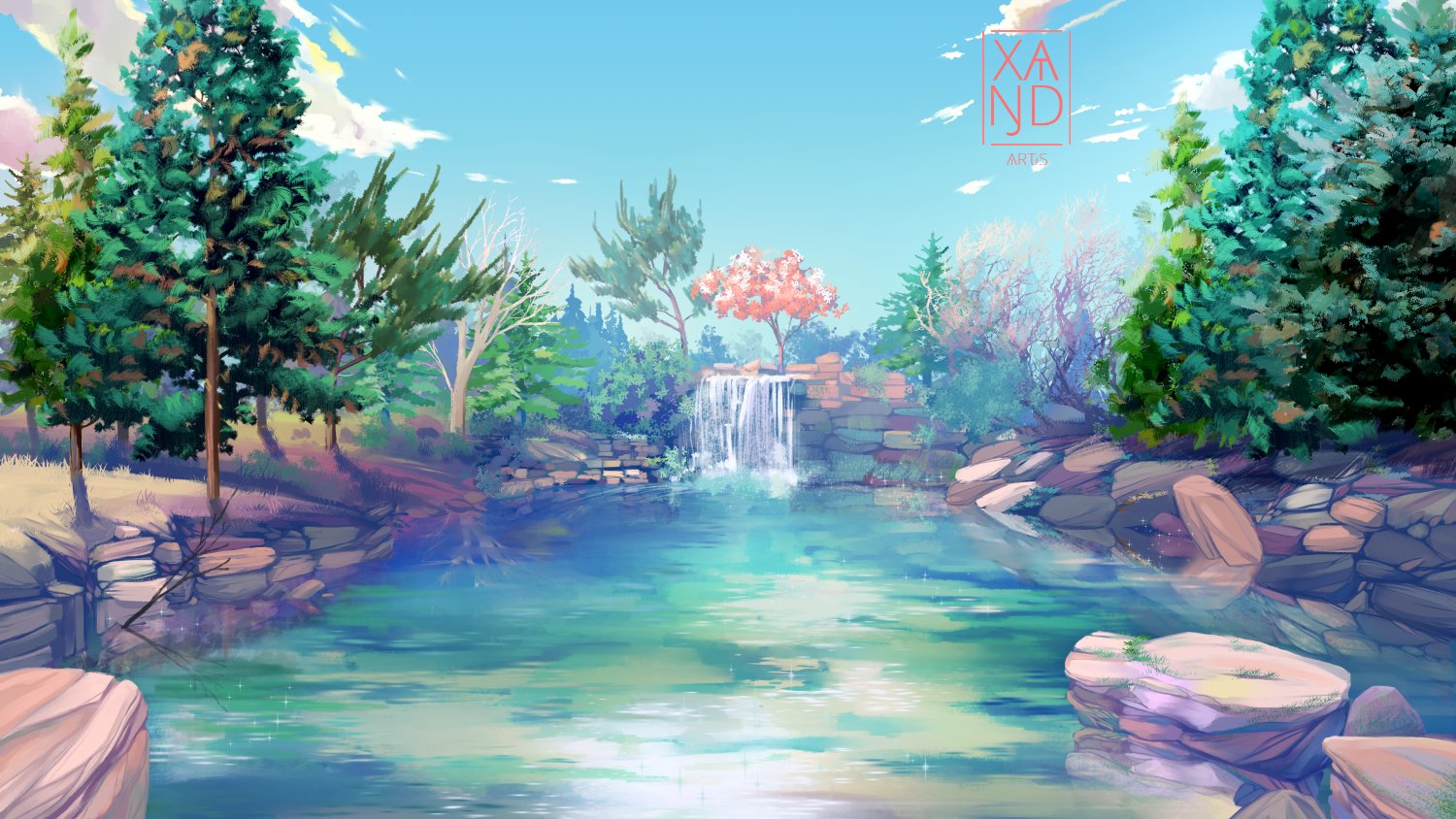 key anime visual of a beautiful, glistening lake in a forest, surrounded by  wildflowers, with mountains in the background and cumulus clouds, littering  the sky, during sunrise, modern anime style” : r/StableDiffusion