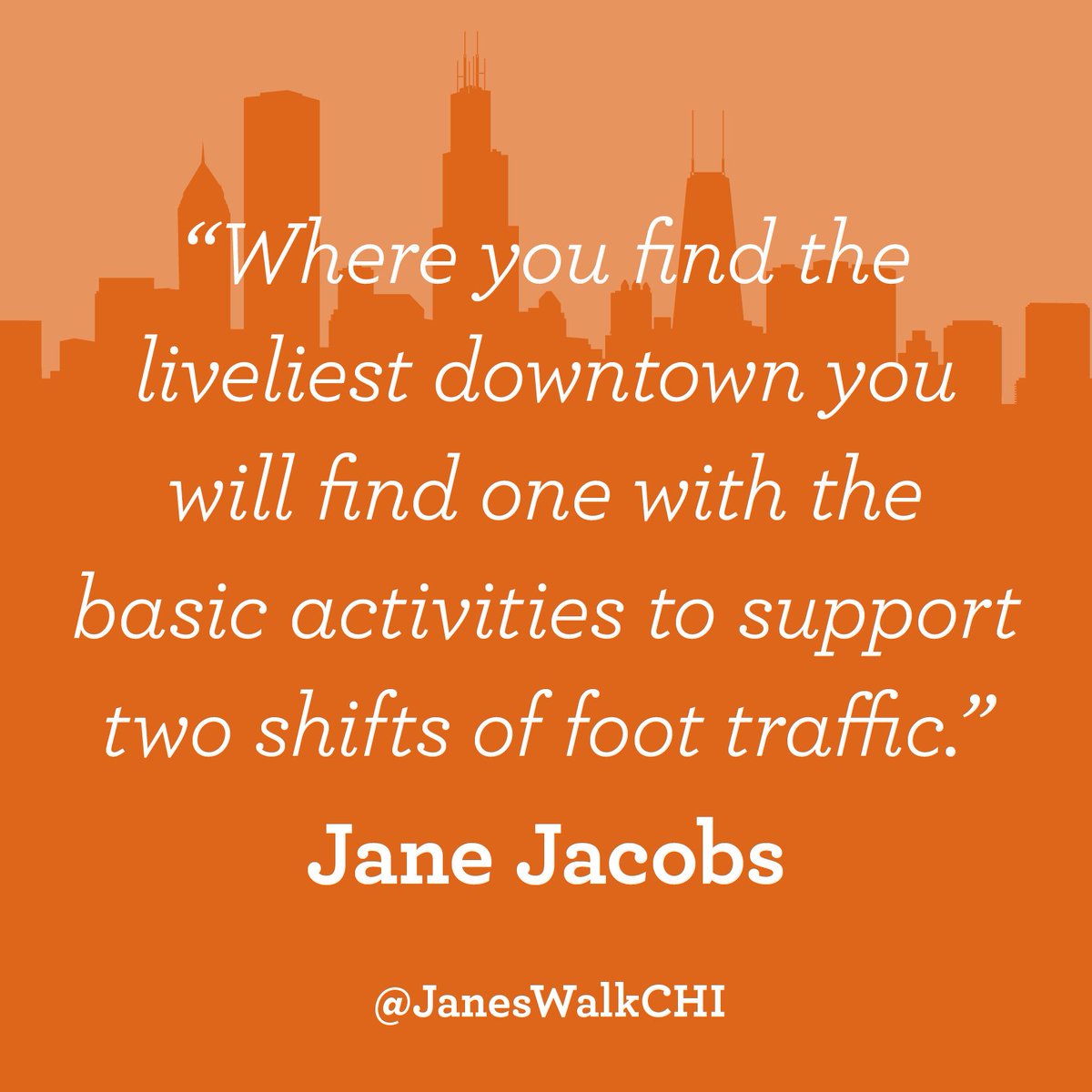 JanesWalkCHI's tweet photo. “Where you find the liveliest downtown you will find one with the basic activities to support two shifts of foot traffic.” #JaneJacobs #WWJJD #JanesWalk #urbandesign #urbanplanning #density #urbansprawl #landuse #placemaking #walkability #mixeduse #ProDensity #Chicago https://t.co/au1nSIAOup