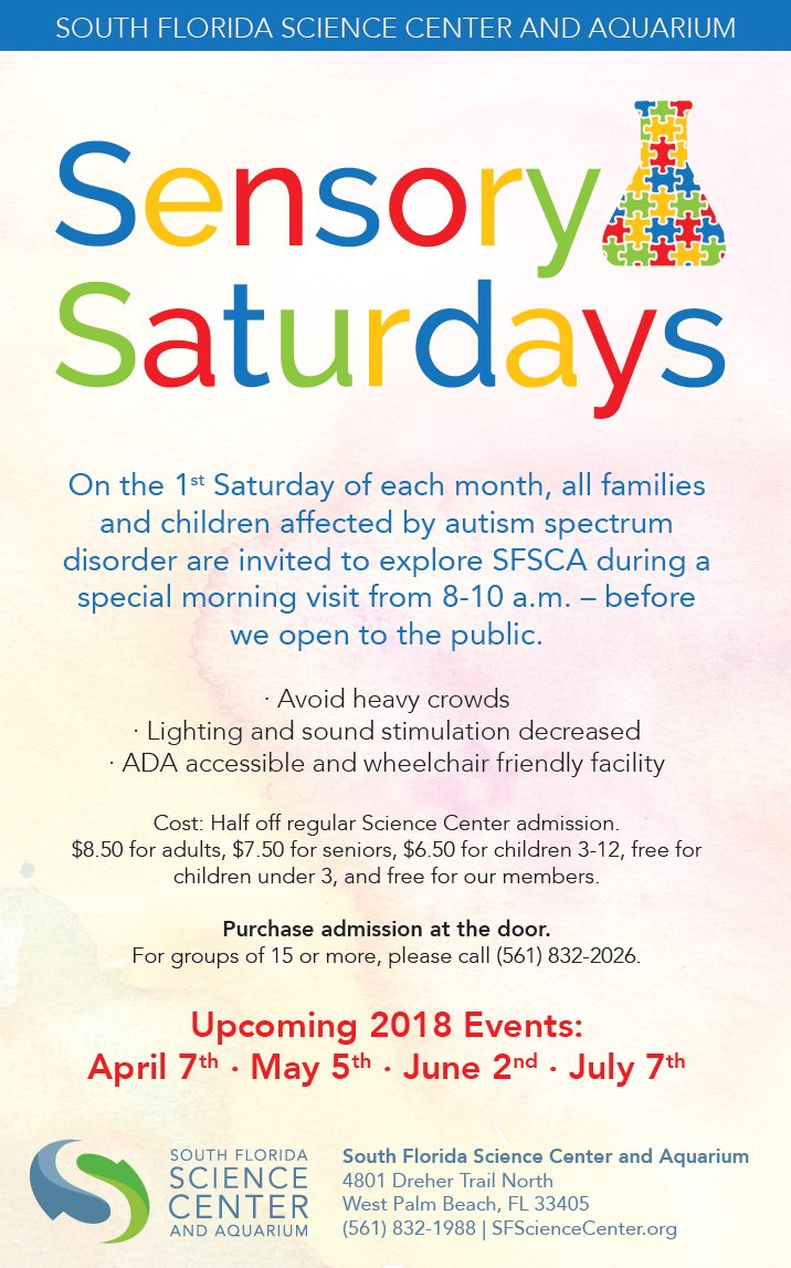 CoxSci's tweet photo. SFSCA is excited to announce our new Sensory Saturdays series! Save the date for our first event on April 7th: https://t.co/LAGsV8315G @AutismSpeaksPBC #FAUCARD https://t.co/ePYxAE9D9j