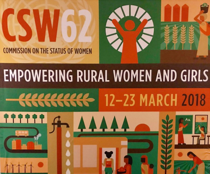 62nd Commission on the Status of Women (CSW62) banner, with UN Women symbol and illustrations of rural women and girls