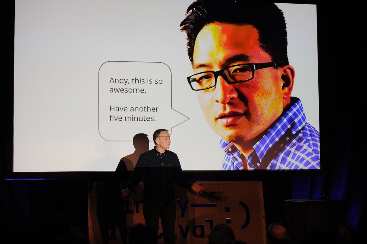 AndyCKent's tweet image. The legend that is @herbkim towers above me during my keynote @binaryfest ... a great tactic to use in all your timed presentations!!!  #binaryfest18