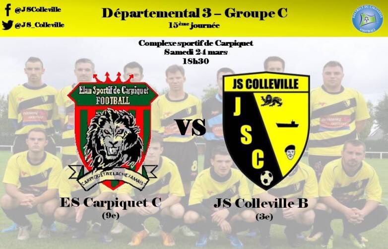 JS_Colleville's tweet photo. [SENIORS B] 💛MATCH DU WEEK-END 🖤

⚠ Départemental 3 - 15ème journée
🆚 @EsCarpiquet C
🏟 Complexe sportif de Carpiquet
📆 Samedi 24/03
🕡 18h30
🗣Allez les #JauneEtNoir !
➡ https://t.co/smaEWEpMQJ https://t.co/LTBPZDmTAy