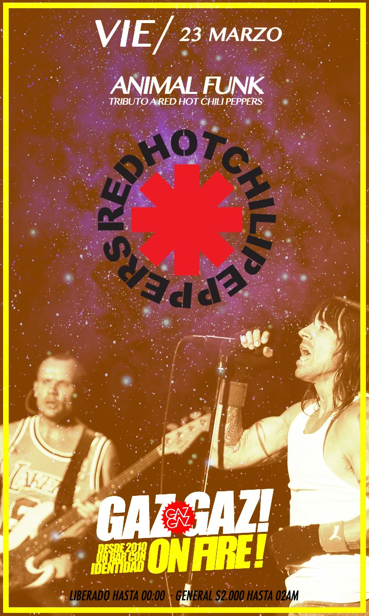 HOY HOY Viernes 23 Marzo. Alta Fiesta. 2 Fiestas Con toda la Onda!
Salón Clásico: ANIMAL FUNK, Tributo a RED HOT CHILLI PEPPERS
+ Fiesta de clásicos/ pachanga/ Electro/Cumbia/Rock 
Salón 1: Full Fiesta con. Summer Hits, Reggaeton, clásicos...