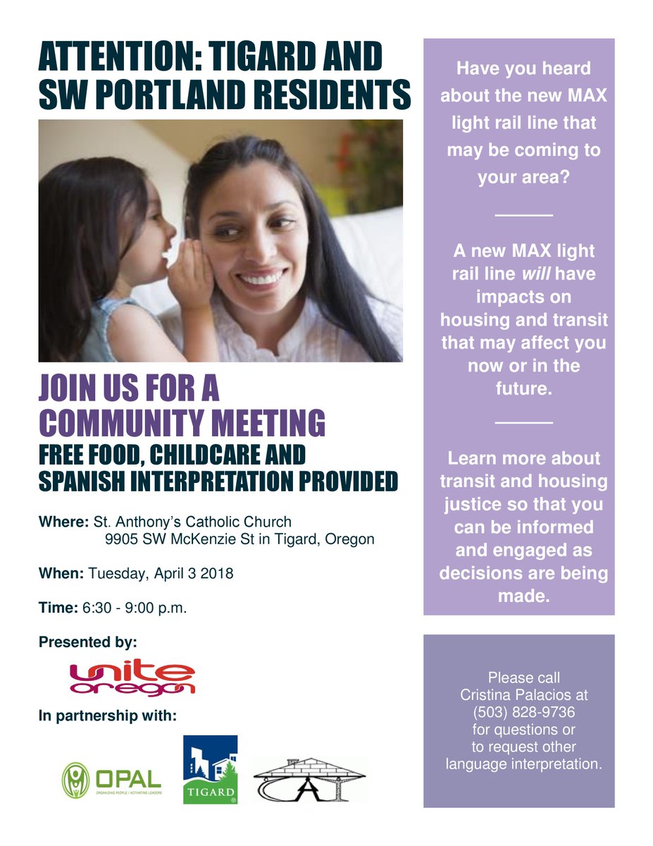 SWCorridor's tweet image. Join us to learn about transit and housing justice, on Tuesday, April 3rd, for ways to be engaged as decisions for the new MAX light rail are being made.

Childcare and Spanish language interpretation will be provided.

 bit.ly/2Ge6qcb