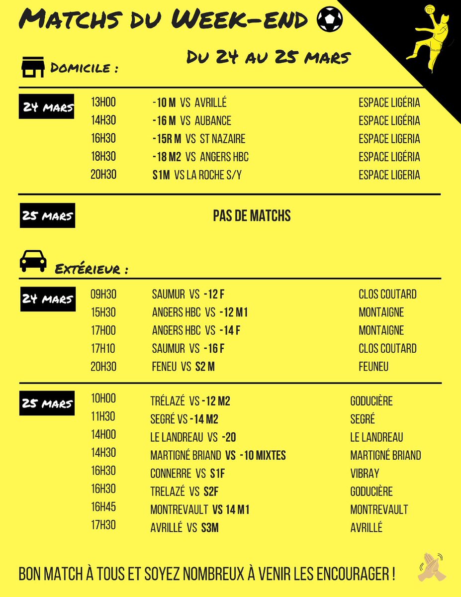 aaeec_handball's tweet image. Petit week-end #handball à l’Espace Ligéria avec uniquement des matchs samedi 👎🏻😢 Venez soutenir nos équipes de jeunes durant l’après-midi 📣🤾🏻‍♂️avant un match très important pour la #S1M dont votre soutien ne sera pas de trop dans sa quête de maintien 👏🏼🔥
#TeamPDC