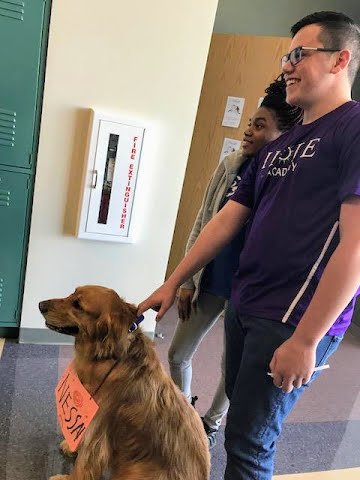 HopeAcademyRHS's tweet photo. Ben asked Vanessa to Hope Academy's #SoberProm with help from Mr. Banks, our resident therapy dog. She said yes! https://t.co/0dbQeKfXPw