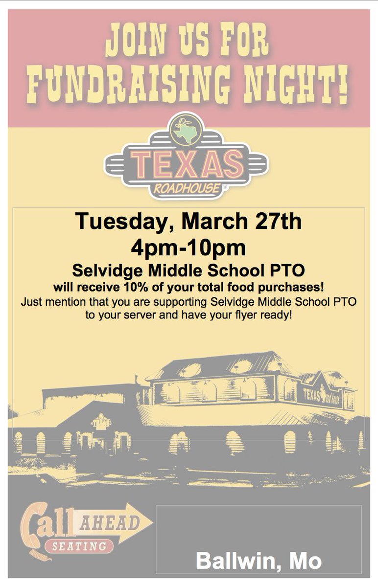 SelvidgePTO's tweet photo. Join us on March 27 at Texas Roadhouse! 10% of your food purchase will benefit @SMSstallions! https://t.co/r0txJBkQF9