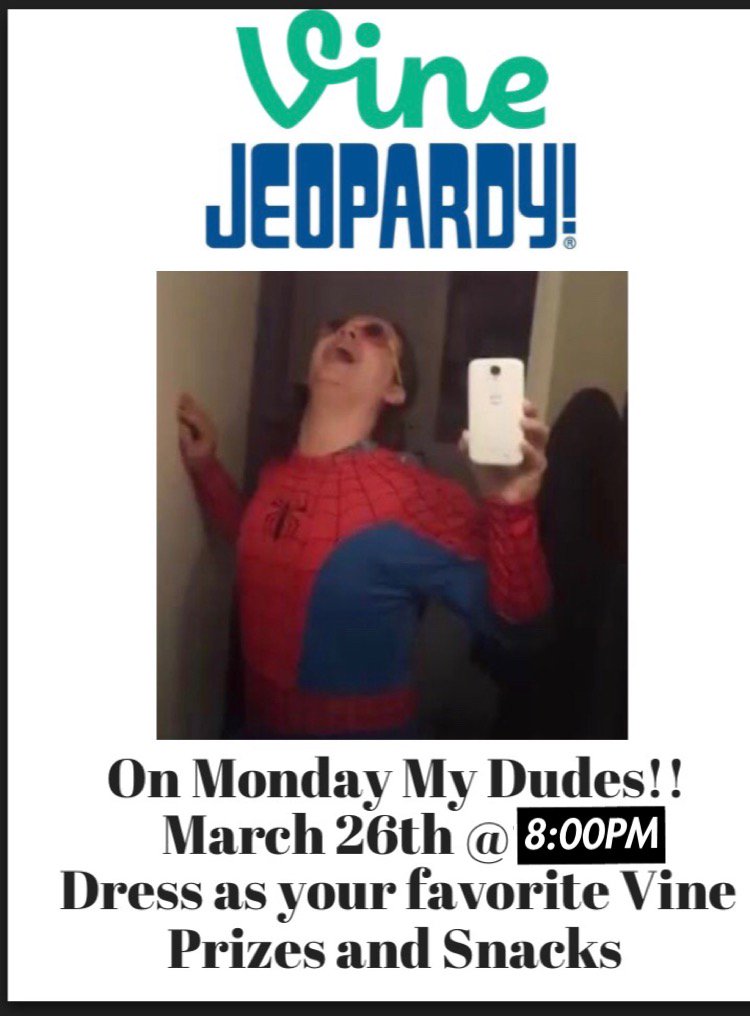 Additionally we'd like to let everyone know about <a href="/CHRA_UTK/">Clement Hall</a>'s awesome program they are putting on called "Vine Jeopardy" at 8:00pm on Monday, March 26th. Vines have a special place in our hearts so we will be dropping by and we hope to see y'all there too!