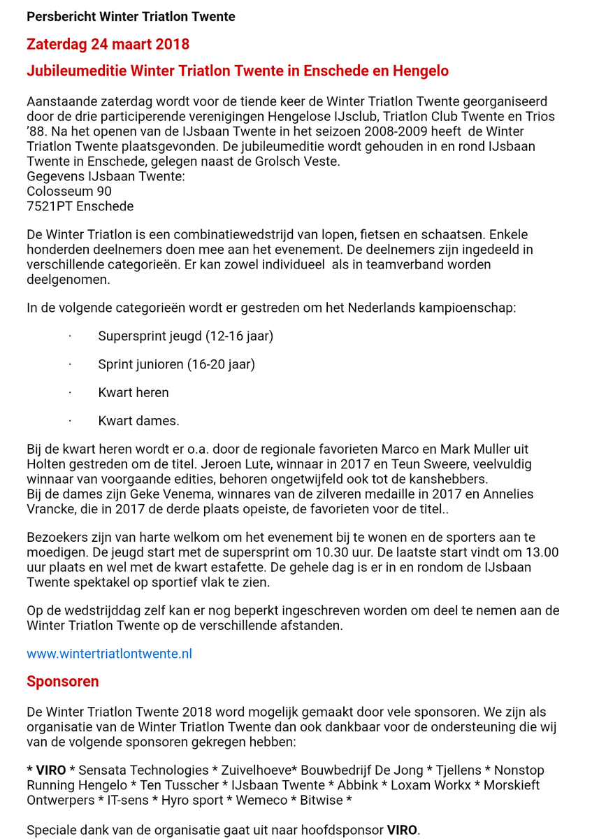 Zaterdag 24 maart 2018 Jubileumeditie Winter Triatlon Twente in Enschede en Hengelo