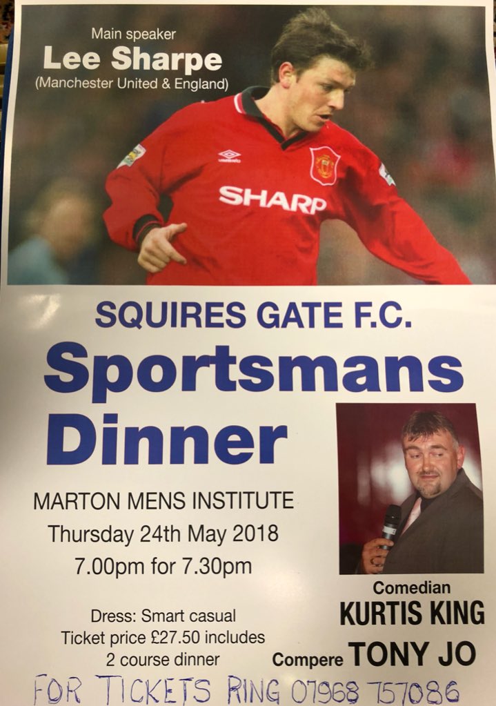 NEWS: Squires Gate are delighted to welcome former Manchester United star Lee Sharpe to our second sportsmans dinner of the season in May at Marton Institute, tickets are selling fast so get in contact before they're all gone - pitchero.com/clubs/squiresg… #upthegate