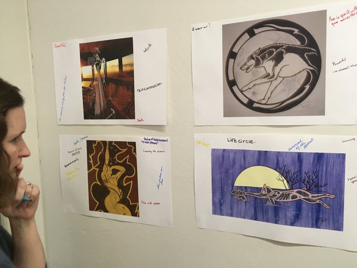thesarahcarlyon's tweet photo. SLC Students in #AMHW program responding & interacting with art by Graham Everitt, a Tr’ondek Hwech’in citizen. Talking about healing through the arts & #Indigenous nations in Canada. The art will be sent back to Graham so he can read the comments. @whatsinsideslc #ProudtobeSLC https://t.co/rmtxbhXgBa