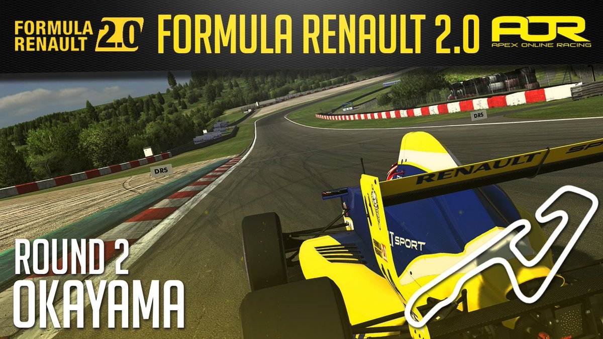 ApexOnRacing's tweet photo. ‼️RACE DAY‼️

#AORFR2's return for round 2! 

Race info:
🗺️ Okayama 
⌚️ 8PM (GMT)
🎮 @iRacing 
🏎️ #FormulaRenault2

Broadcast info:
📽️ https://t.co/cpBFKys3b1 < Go and setup a notification
🎙️ @ApexRacingTV 

See you in the streams! https://t.co/FnJDSCLUuA