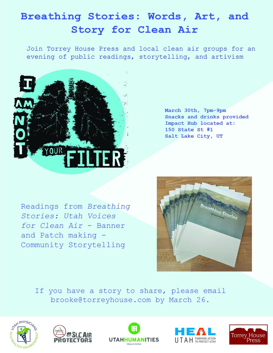TorreyHouse's tweet photo. One week from today, March 30, join us at @HUBSaltLake from 7-9 p.m. for a night of #BreathingStories readings and art-making https://t.co/y1YA0mVyGR