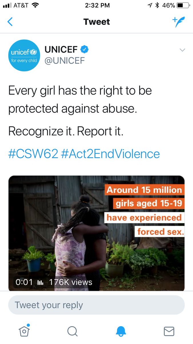@UNICEF fix this tweet.  You can’t #Act2EndViolence against girls when you minimize #rape by calling it “forced sex.”  Do better #CSW62