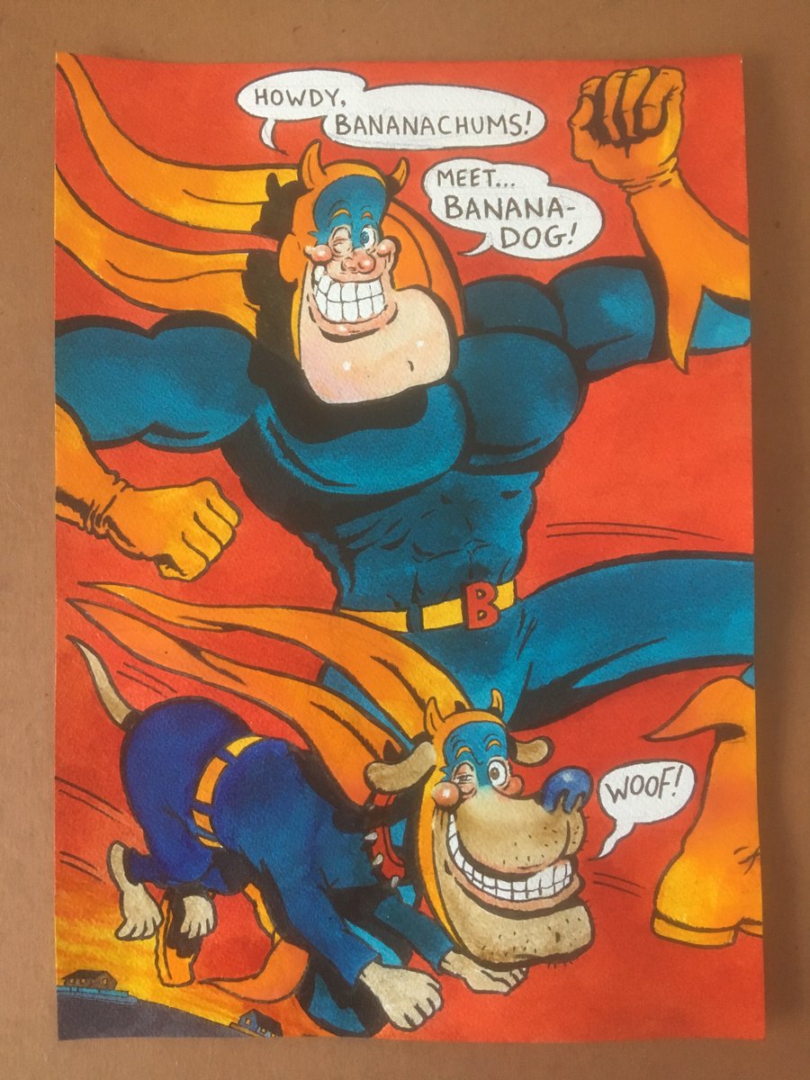 Truly beautiful Bananaman painting for sale. 
I drew him many times for the Dandy. 
This lovely piece is A3 size 
on highest quality watercolour paper. 
Price £165 including postage.