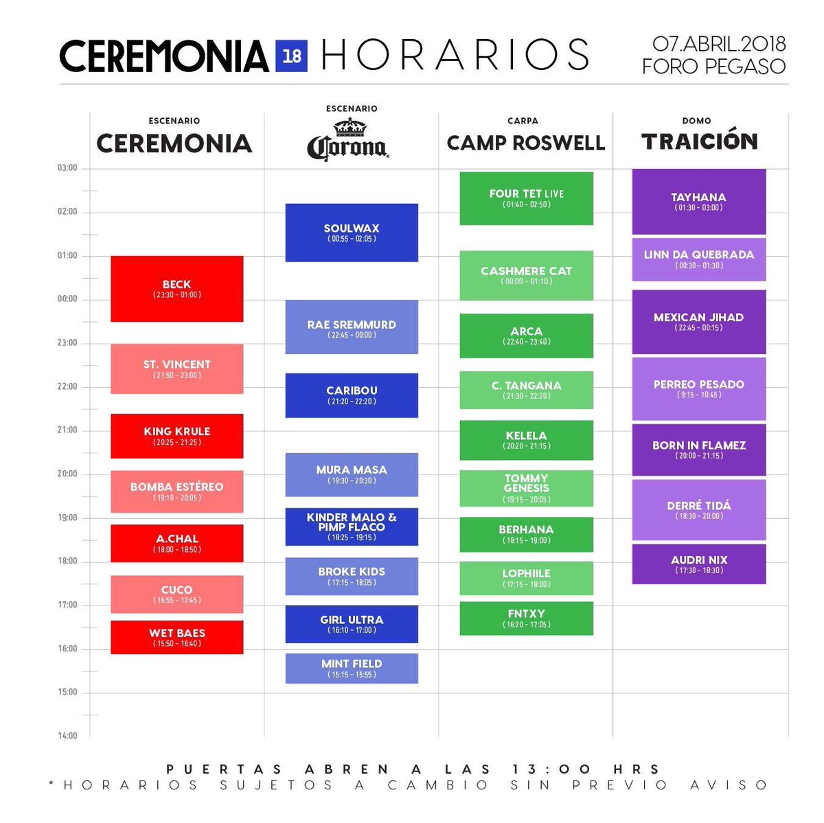 Ya salieron los horarios del Festival #Ceremonia18  será el 7 de Abril en el Foro Pegaso, los boletos los pueden comprar en <a href="/Ticketmaster_Me/">Ticketmaster México</a> y sin cargo en el Auditorio BlackBerry.