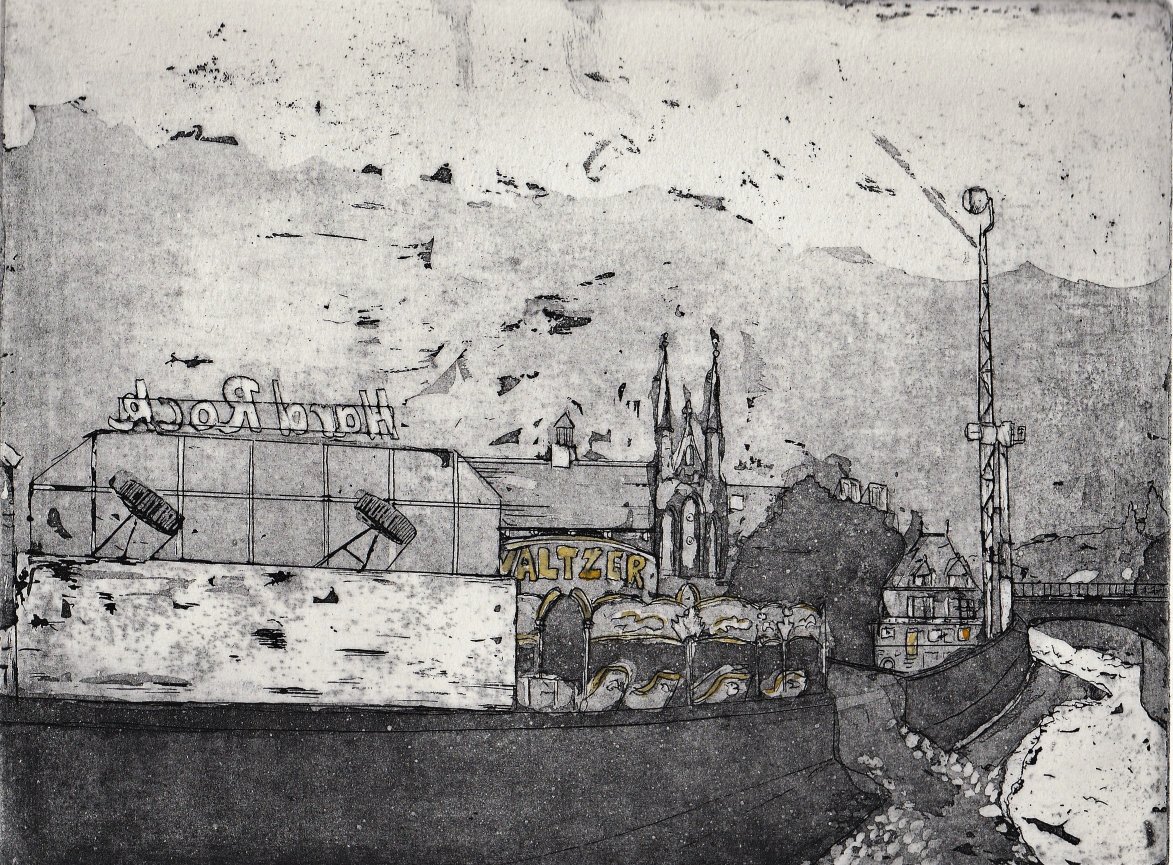 PrintmakerJim's tweet image. &apos;The Last Night of the Fair&apos;, Etching 15x20cm. New #etching for the upcoming #Constructure exhibition @BACKendal  #printmaking #Kendal #NewRoad #Fairground