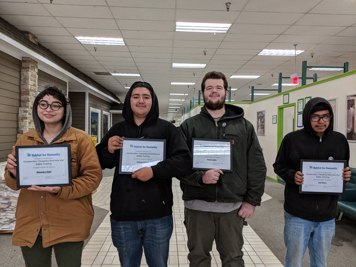 Congratulations to our YouthBuild AmeriCorps participants for completing the Carpentry and Safety Overview Training! Alexandra Zuber, Emmanuel Oliveros, Domanic Griffeth, and John Romaro. Great Job Everyone!