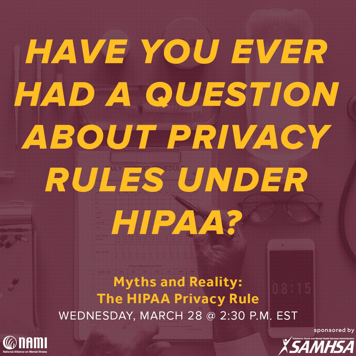 Advocating for yourself or your loved one requires having the right information. On 3/28 at 2:30pm ET, learn about your rights to information and privacy during “Myths and Reality: The HIPAA Privacy Rule.” <a href="/namicommunicate/">NAMI</a> <a href="/samhsagov/">SAMHSA</a> Register: nasmhpd.adobeconnect.com/hipaaprivacyru…