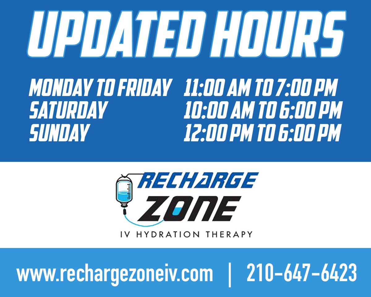 RechargeZoneIV's tweet image. Please advise that we have updated our hours and are now open on Sundays!💧 
Stop in this weekend if you need a pick-me-up! #RechargeZoneIV #IVTherapy