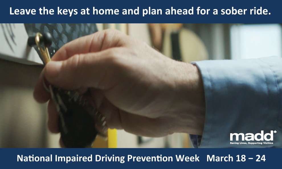 Let's end Impaired Driving Prevention Week on a good note. Leave the keys at home and plan a safe and sober ride home.
