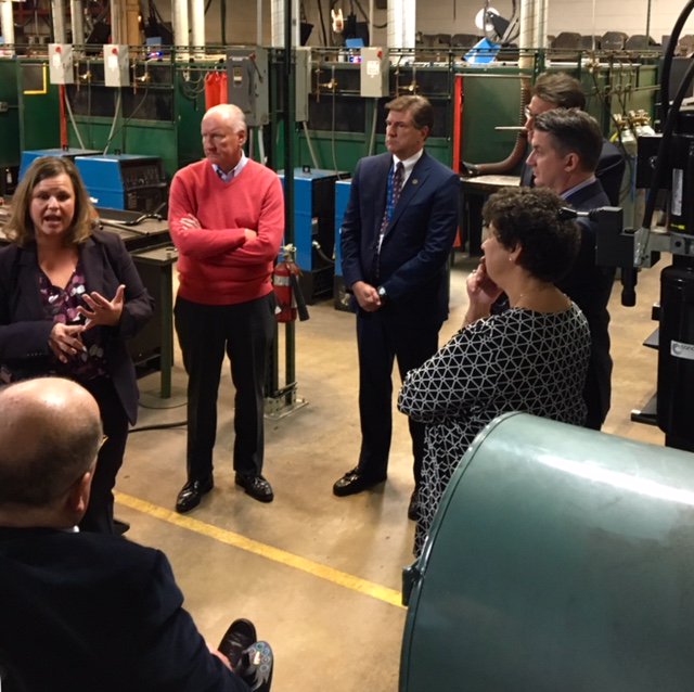 LakeCtyPartners's tweet photo. Members of the LCP Board of Governors toured @LCTechCampus which serves over 1600 students. This is the welding lab, where 100% of last year's graduates were contacted for jobs in local companies. #MadeInLakeCounty https://t.co/6QYlRsTsXf