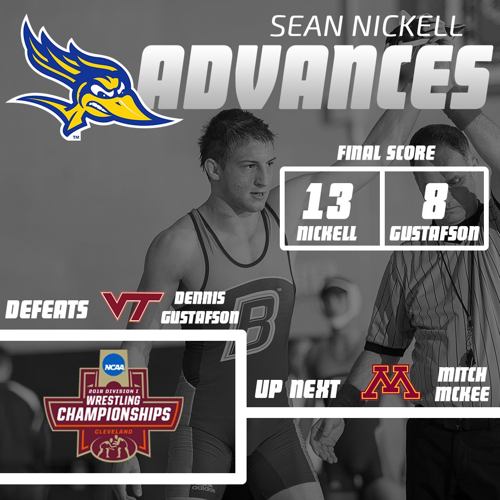 CSUBAthletics's tweet photo. #CSUBwr: Sean Nickell (133) takes down the No. 9 wrestler in the country to stay alive and advance! #allrunners @CSUBWrestling https://t.co/NjNl7af6RS