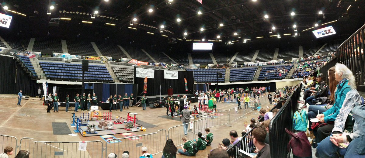 FTC7123's tweet photo. Opening ceremonies start soon! Our robot gets to chill out on the field until the next match... #NSR2018 #omgrobots https://t.co/yFxmfldIku
