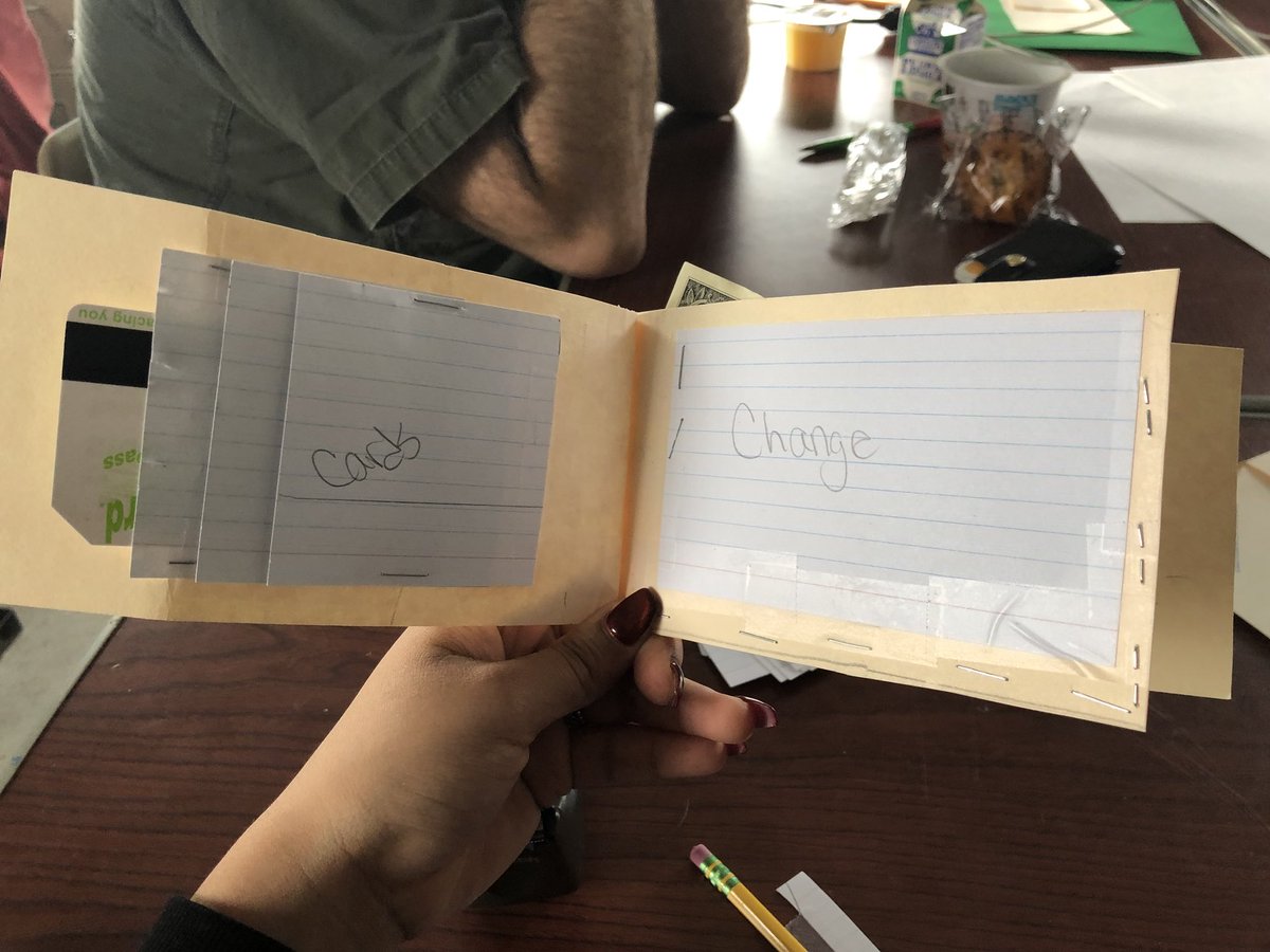 disclenbu's tweet photo. 2nd prototype of a wallet I learned that next time I need to make the pocket for money bigger and the width of the pockets for cards smaller. I need to add zippers to close the money and change pocket and add Velcro to close the wallet. #FLHMAKERS #DesignThinking https://t.co/CHxJv4g0MS