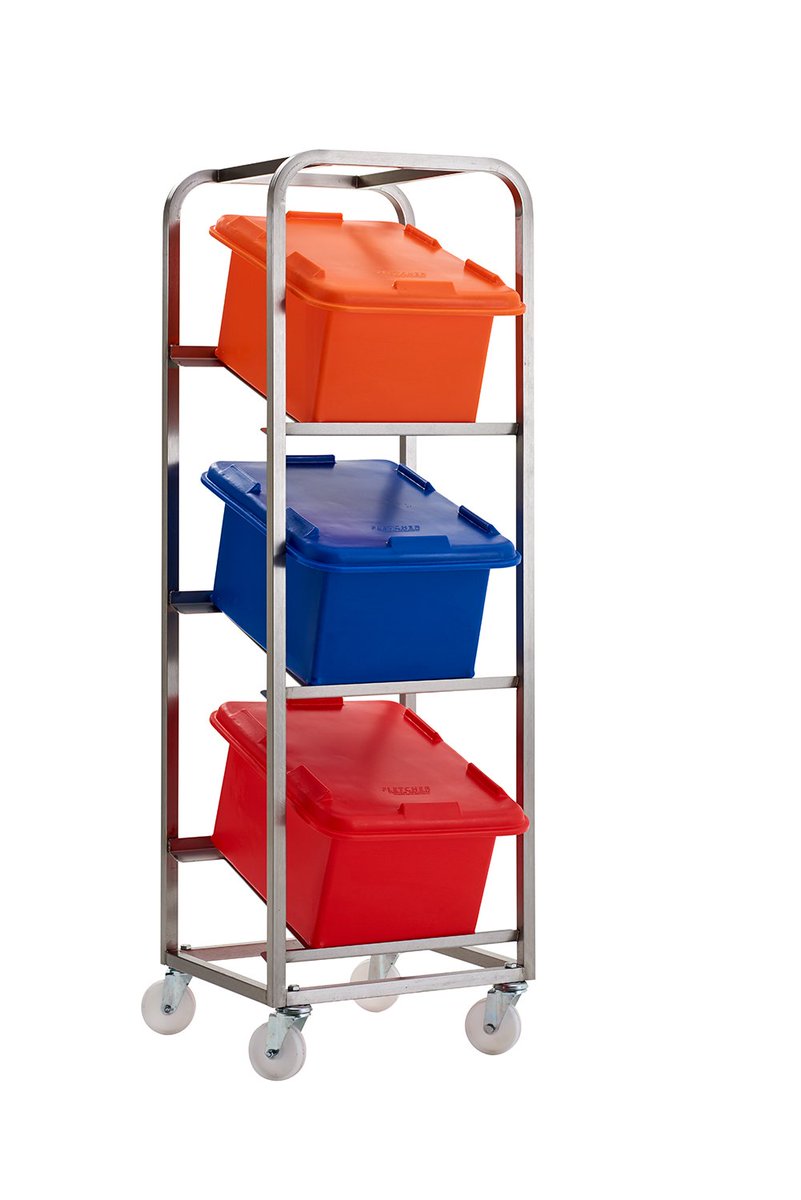 Incredibly robust colour coded ingredient storage racks and plastic containers. 
Perfect for food manufacturing / bakeries / commercial kitchens - rotoXFB ingredient storage containers produced from food grade polyethylene plastic!
Plastic Dollies available to suit!