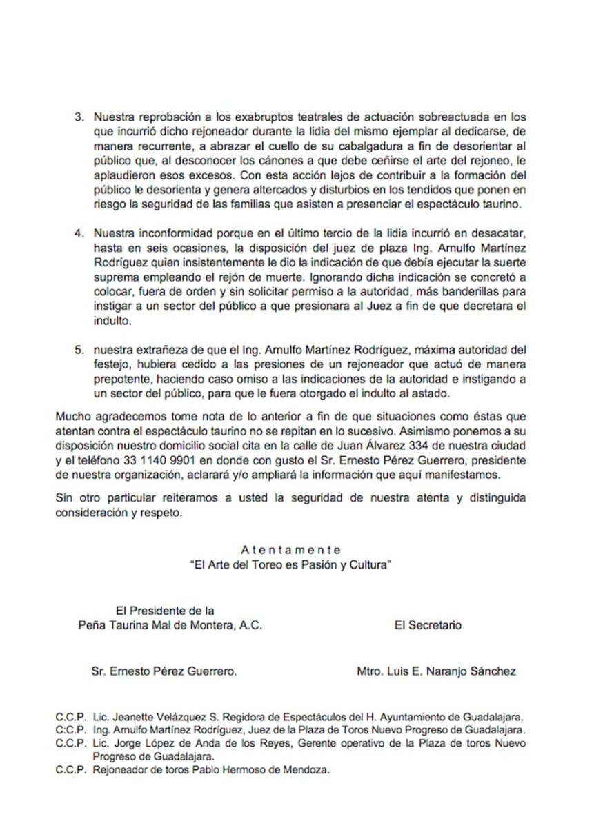 La Peña Taurina <a href="/MaldeMontera/">Peña Mal de Montera</a> denunció ante <a href="/EnriqueIbarraP/">Enrique Ibarra</a> Alcalde de #Guadalajara al Juez de Plaza de la @NvoProgresogdl @nero_de_tesa y @pablohermosonet por las faltas al reglamento que consideraron que ambos cometieron en la corrida del pasado domingo